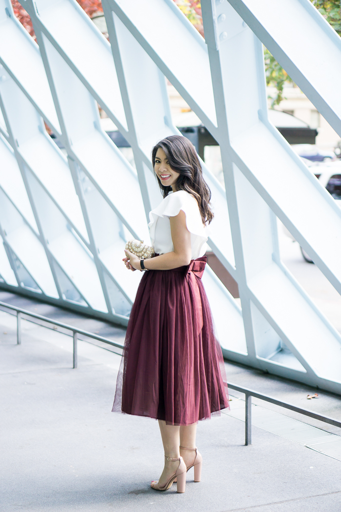 Bow tulle skirt, ruffle crop top, holiday outfit, petite fashion blog, Seattle Public Library