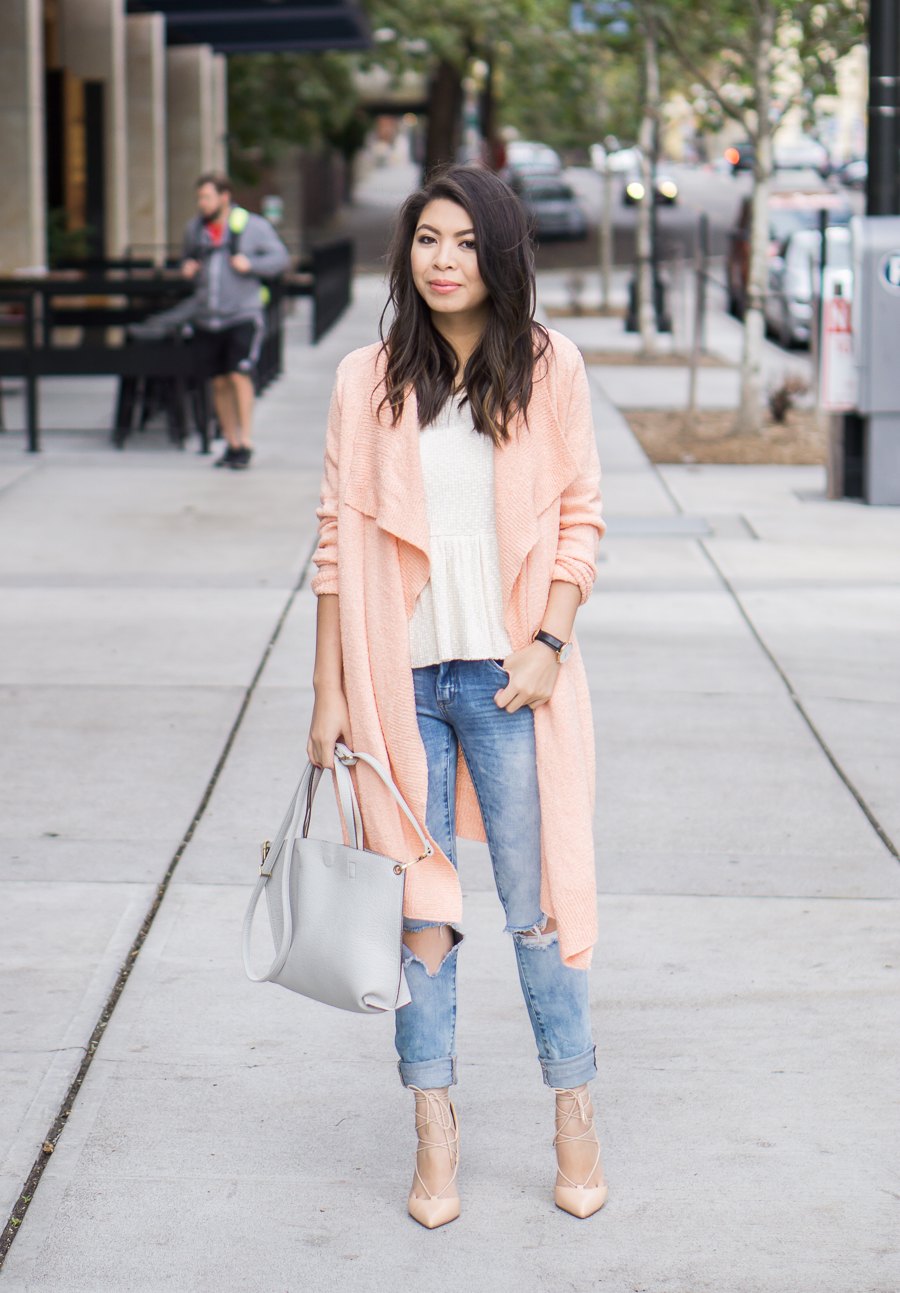 Casual weekend outfit: Grey lace hem sweater, distressed denim and pink tote  - Stylish Petite