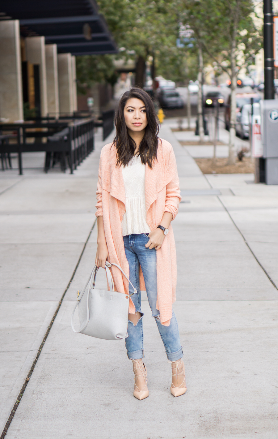 Asos pink cardigan sweater, distressed skinny jeans outfit, petite fashion blog