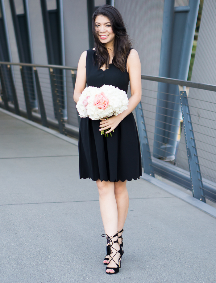 Black scalloped dress, lace up sandals, petite fashion blog
