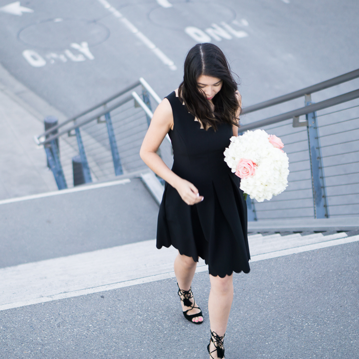 Black scalloped dress, lace up sandals, petite fashion blog