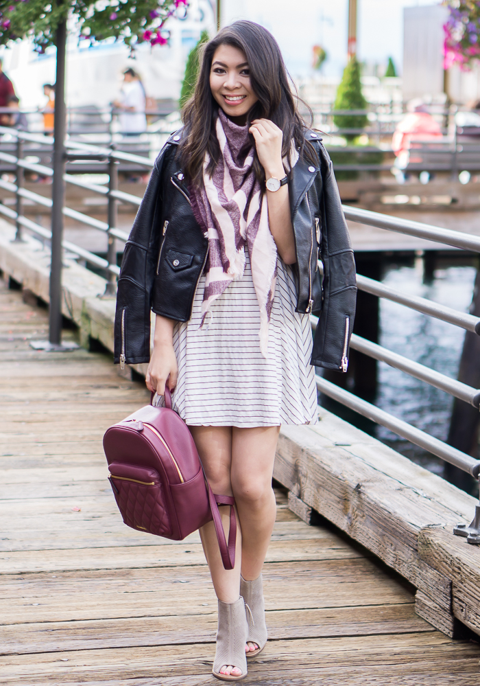 Black leather jacket, striped dress, peep toe booties, and backpack, fall outfit, petite fashion blog
