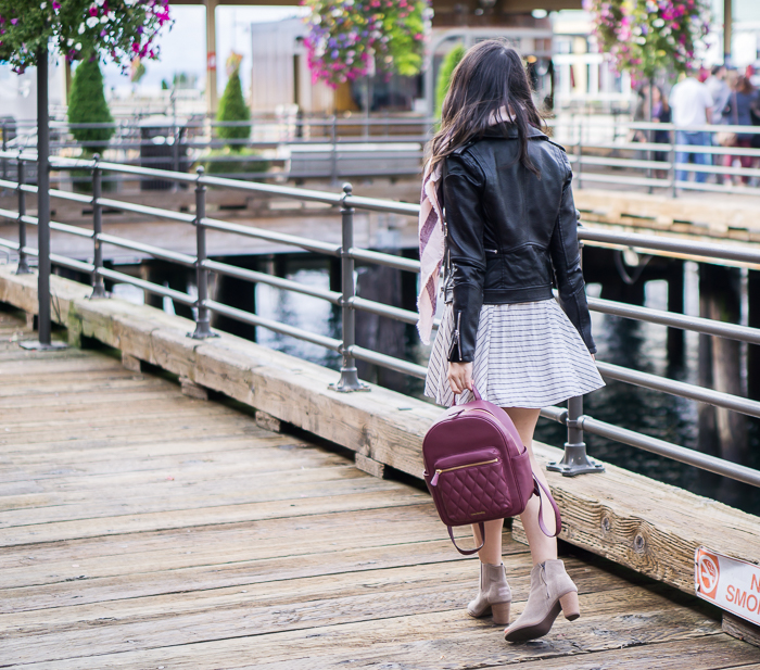 Black leather jacket, striped dress, peep toe booties, and backpack, fall outfit, petite fashion blog