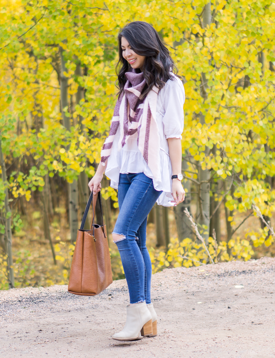 Striped scarf, cute fall outfit in Colorado Springs Pikes Peak with fall foliage, petite fashion blog