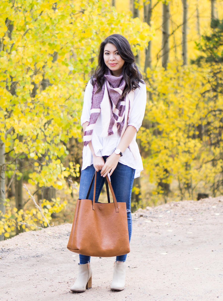 Striped scarf, cute fall outfit in Colorado Springs Pikes Peak with fall foliage, petite fashion blog