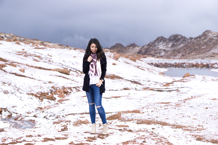 Striped scarf, cute fall outfit in Colorado Springs Pikes Peak with snow, petite fashion blog
