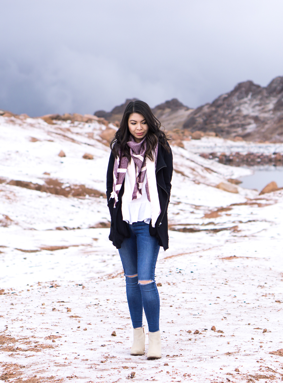 Striped scarf, cute fall outfit in Colorado Springs Pikes Peak with snow, petite fashion blog