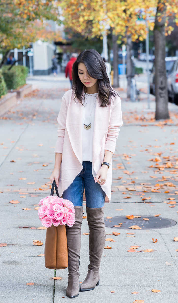 Cocoon sweater cardigan, over the knee boots, casual cute outfit, fall fashion, petite fashion blog