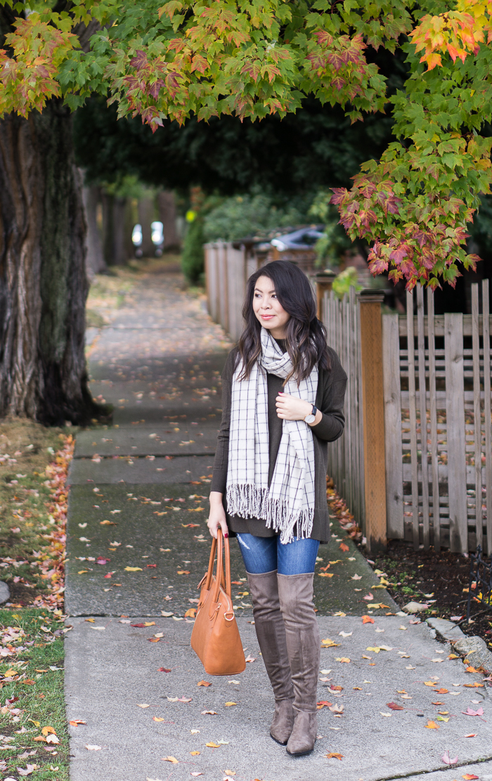 Marc Fisher Yenna Over The Knee Boots, Asos Sweater, Checked Scarf, Casual Fall Outfit, Petite Fashion Blog