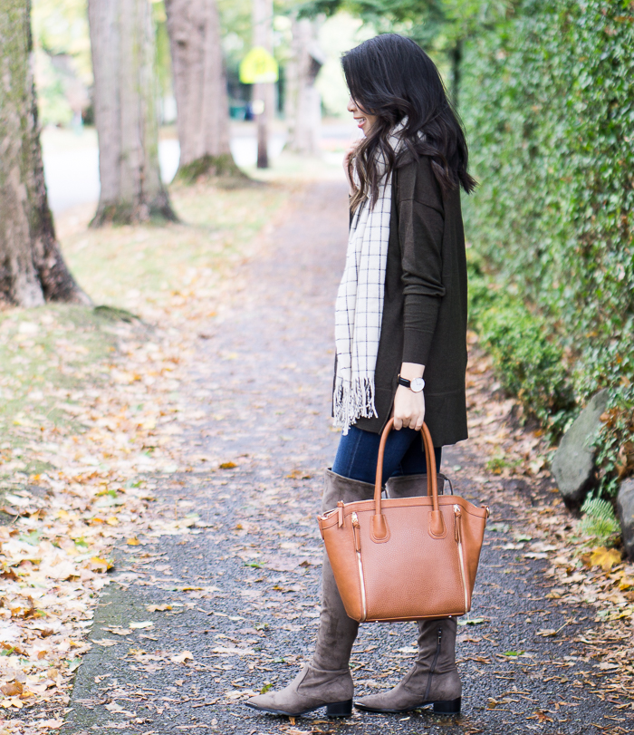 Marc Fisher Yenna Over The Knee Boots, Asos Sweater, Checked Scarf, Casual Fall Outfit, Petite Fashion Blog