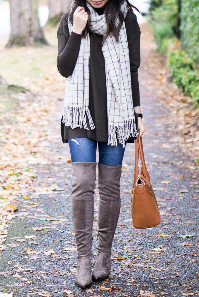 Marc Fisher Yenna Over The Knee Boots, Asos Sweater, Checked Scarf, Casual Fall Outfit, Petite Fashion Blog