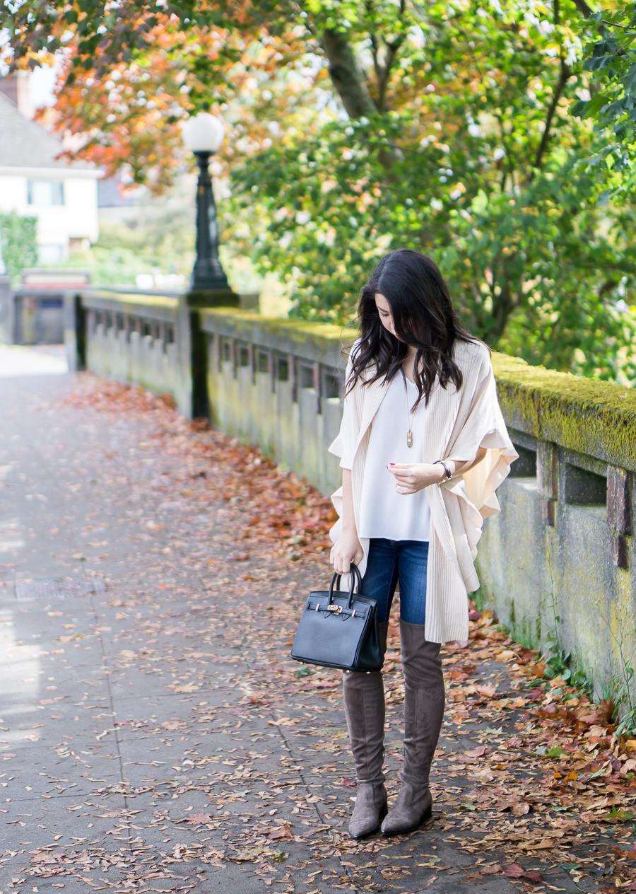 Ruffle Cardigan and Marc Fisher Yenna Over the Knee Boots - Fall Outfit - Petite Fashion Blog