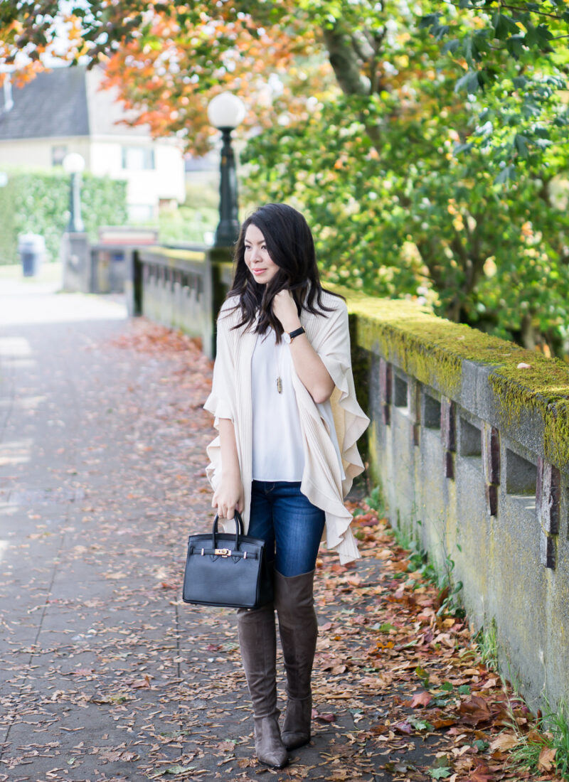 Ruffle Cardigan and Marc Fisher Yenna Over the Knee Boots - Fall Outfit - Petite Fashion Blog