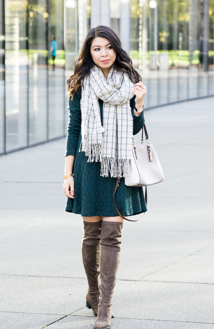 Cable sweater dress with over the knee boots and checked scarf, cute casual fall outfit, petite fashion blog
