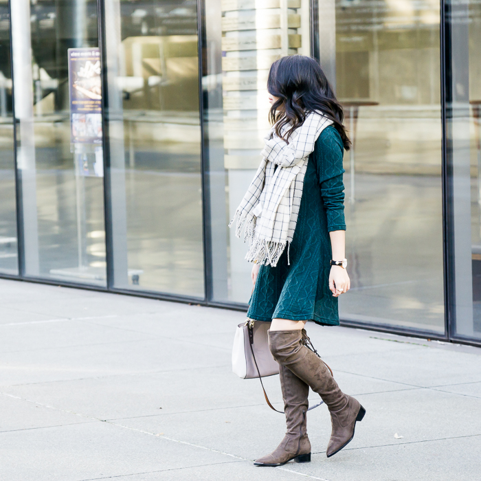 Cable sweater dress with over the knee boots and checked scarf, cute casual fall outfit, petite fashion blog