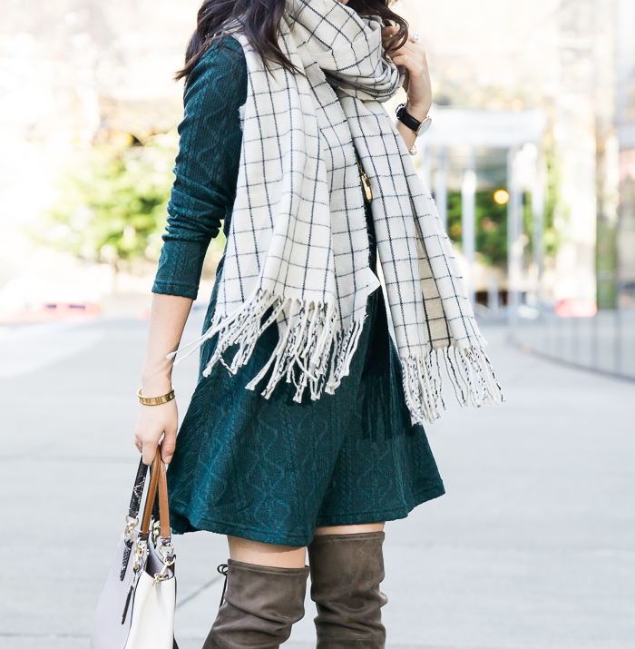 Cable sweater dress with checked scarf, cute casual fall outfit, petite fashion blog