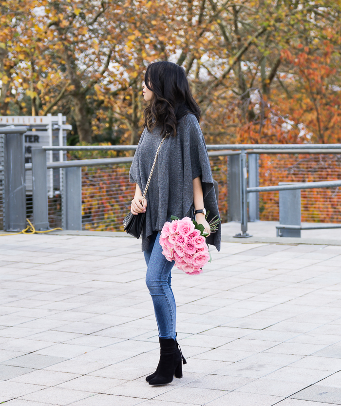 Poncho sweater, suede booties, cute fall outfit, petite fashion blog