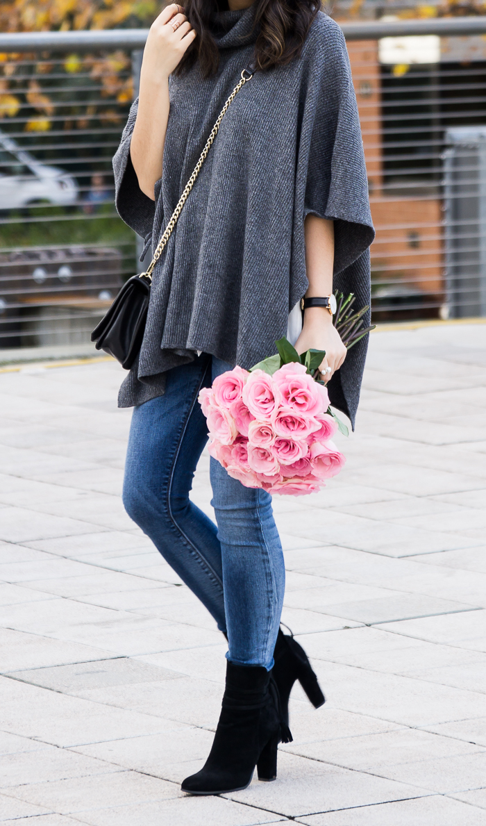 Poncho sweater, suede booties, cute fall outfit, petite fashion blog