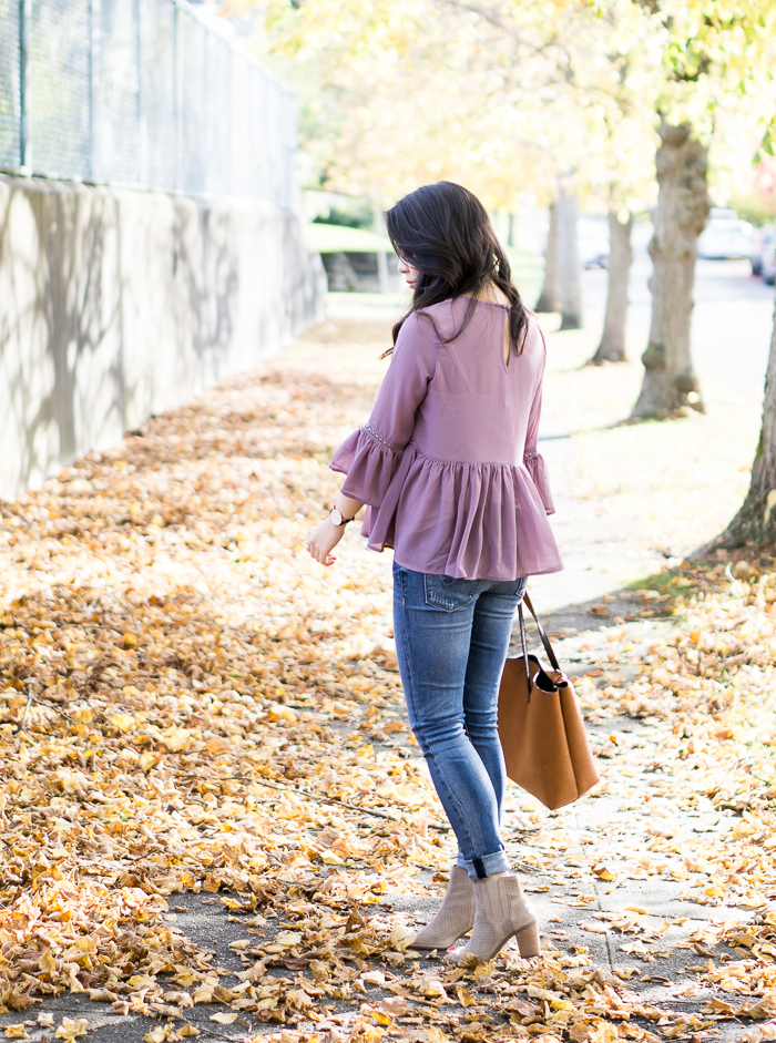 Find the perfect jeans, Fitcode review, Hudson Krista skinny jeans, Asos peplum top, Toms Majorca booties, fall outfit, petite fashion blog
