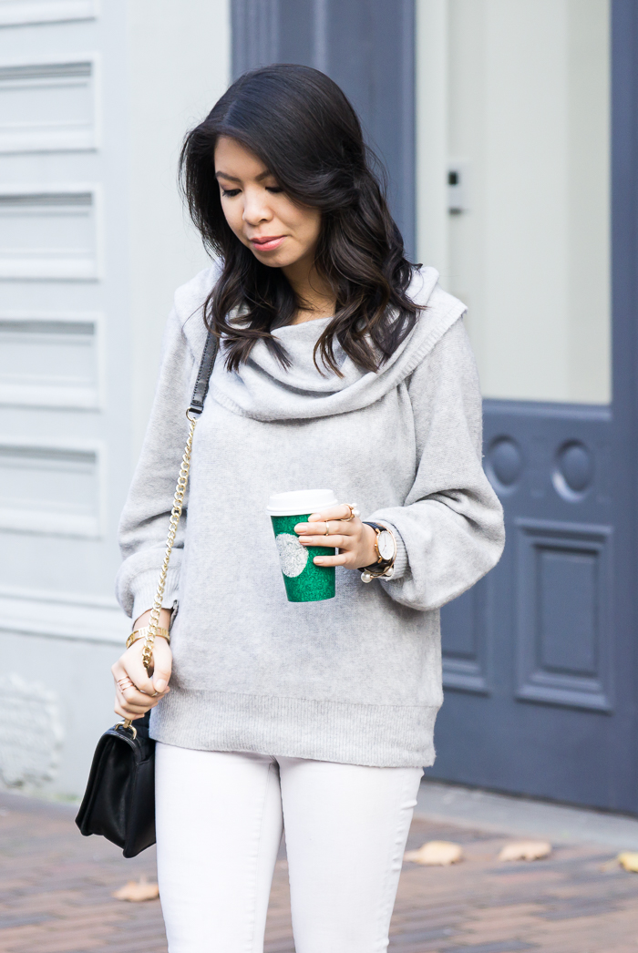 Cowl neck sweater, white jeans, cute fall outfit, petite fashion blog