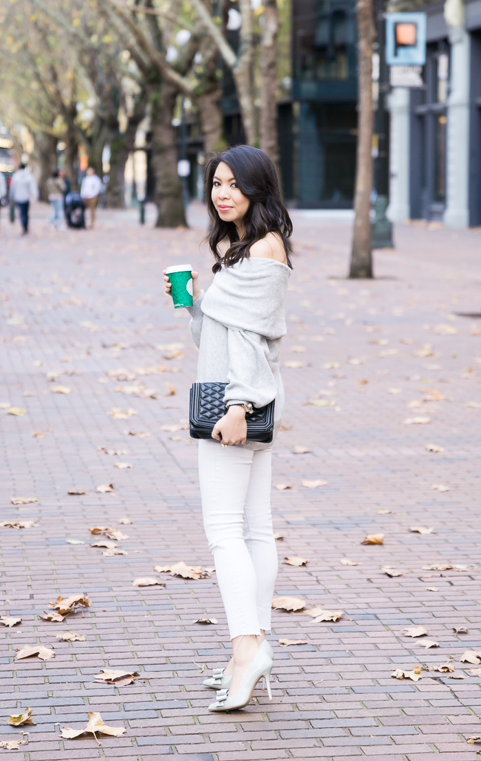 Off the shoulder sweater, white jeans, bow pumps, cute fall outfit, petite fashion blog