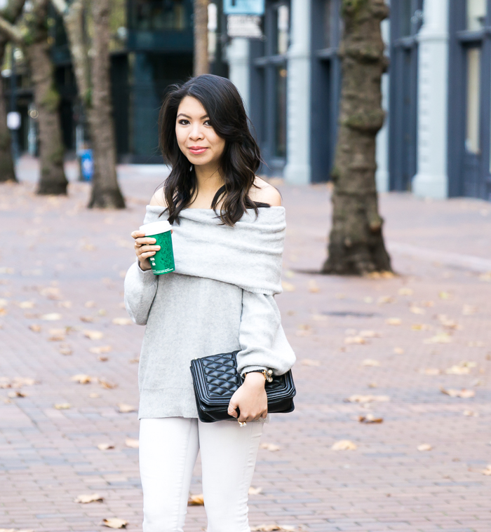 Off the shoulder sweater, white jeans, cute fall outfit, petite fashion blog
