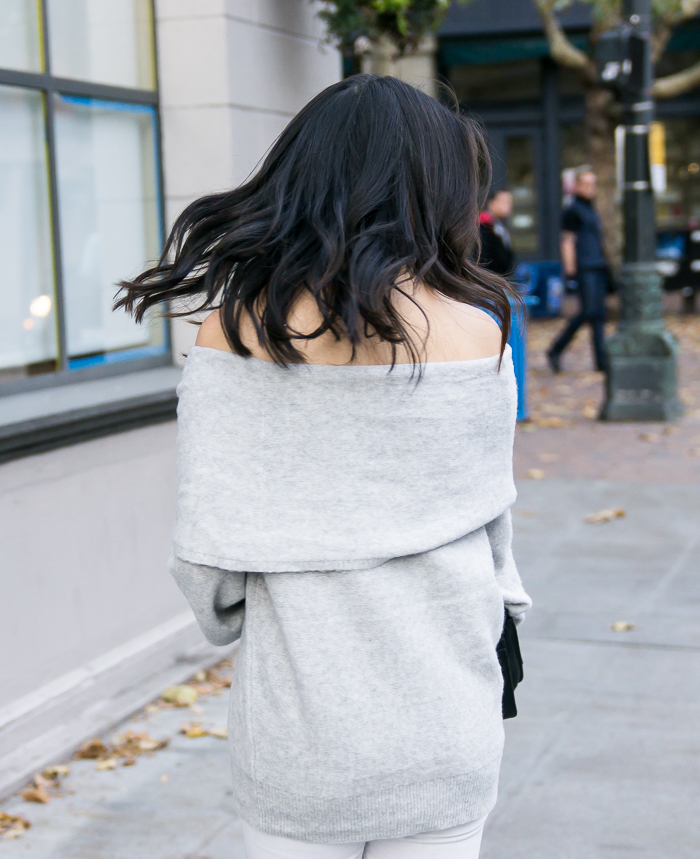 Off the shoulder sweater, white jeans, cute fall outfit, petite fashion blog