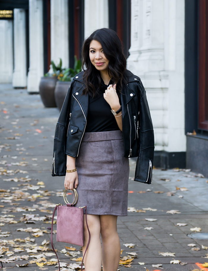 Suede skirt, faux leather moto jacket, fall outfit, petite fashion blog