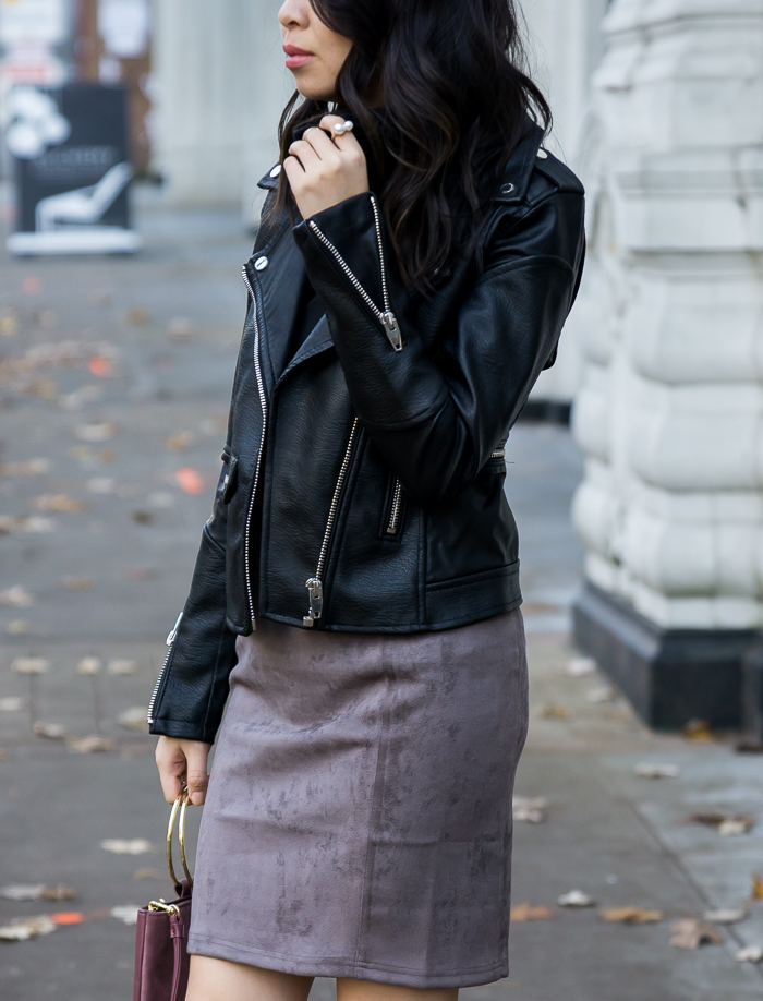 Suede skirt, faux leather moto jacket, fall outfit, petite fashion blog