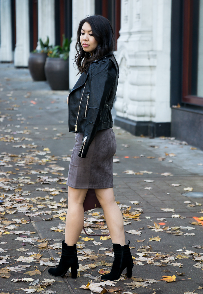 Suede skirt, faux leather moto jacket, suede booties, fall outfit, petite fashion blog