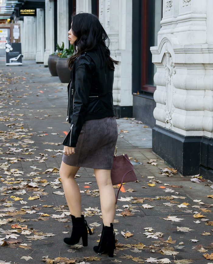 Suede skirt, faux leather moto jacket, suede booties, fall outfit, petite fashion blog