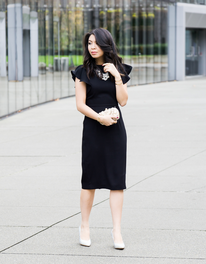 Classic black dress, holiday party outfit, petite fashion blogger