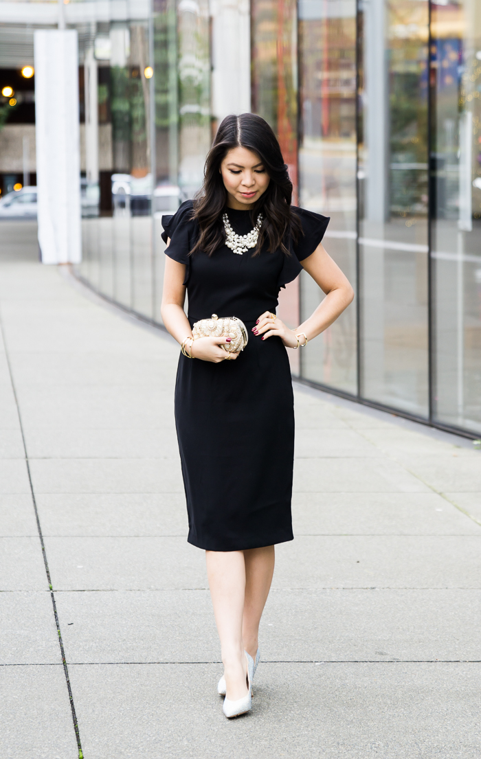 Classic black dress, holiday party outfit, petite fashion blogger
