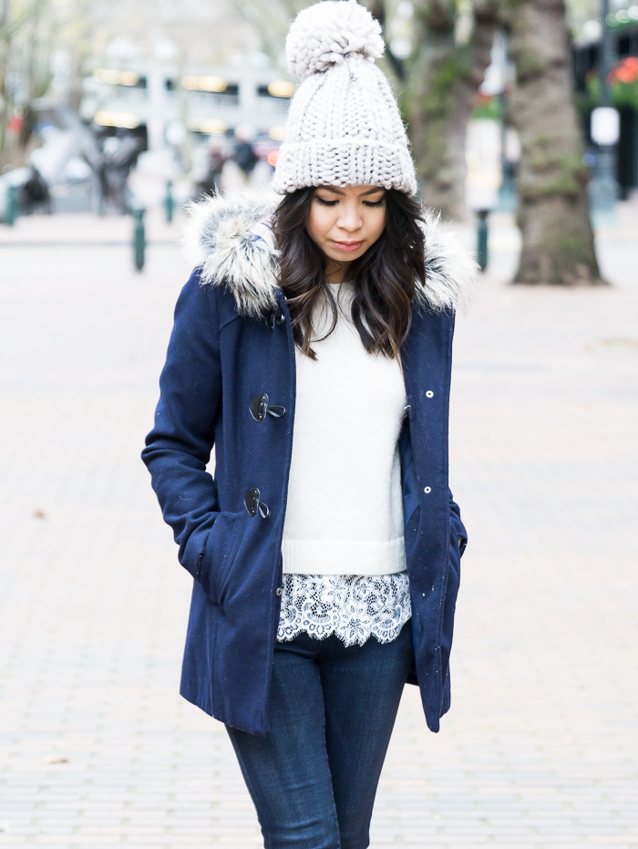 Cute casual winter outfit, pom pom beanie, hooded fur coat, petite fashion blog