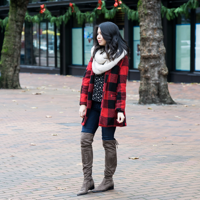 How to wear buffalo plaid print, buffalo check coat, over the knee boots, cable knit infinity scarf, fall winter outfit, petite fashion blog