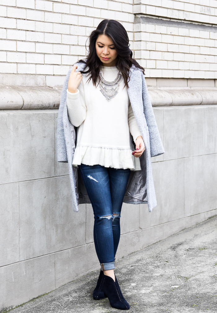 Ruffle sweaters, tweed coat, statement necklace, winter chic outfit, petite fashion blog