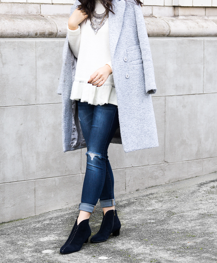 Ruffle sweaters, tweed coat, statement necklace, winter chic outfit, petite fashion blog