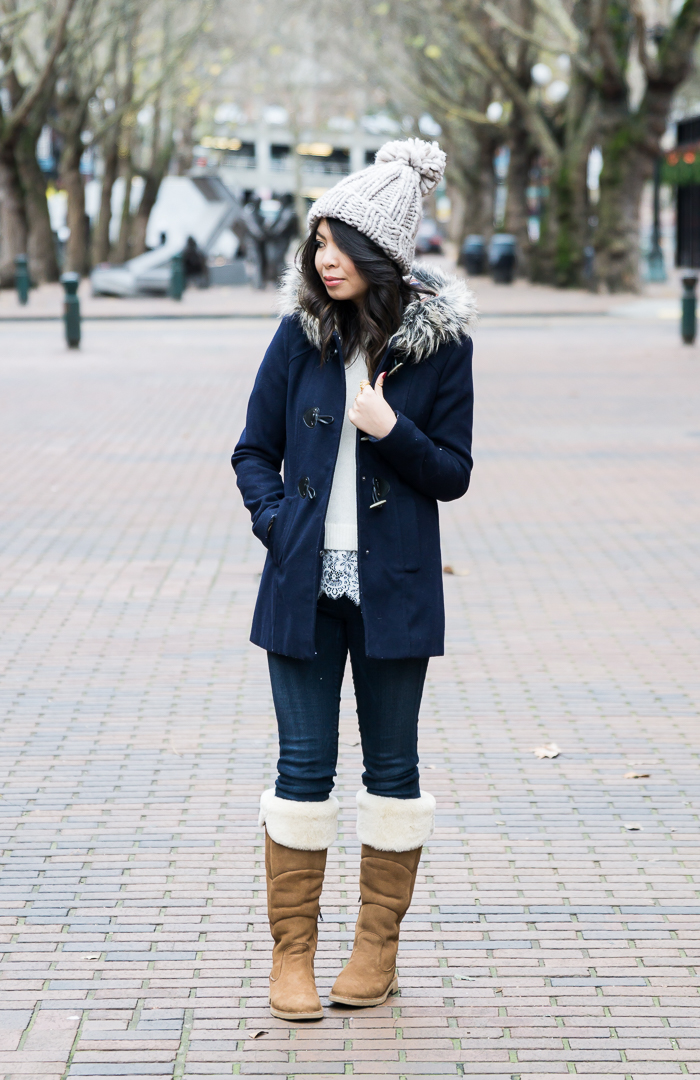 Sibley UGG Boots Outfits, cute casual winter outfit, pom pom beanie, hooded fur coat, petite fashion blog
