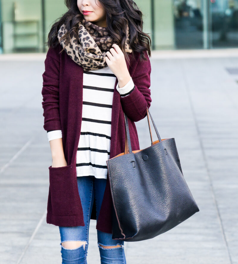 Burgundy cardigan outfit, striped top, leopard scarf, fall outfit, petite  fashion blog | Just A Tina Bit