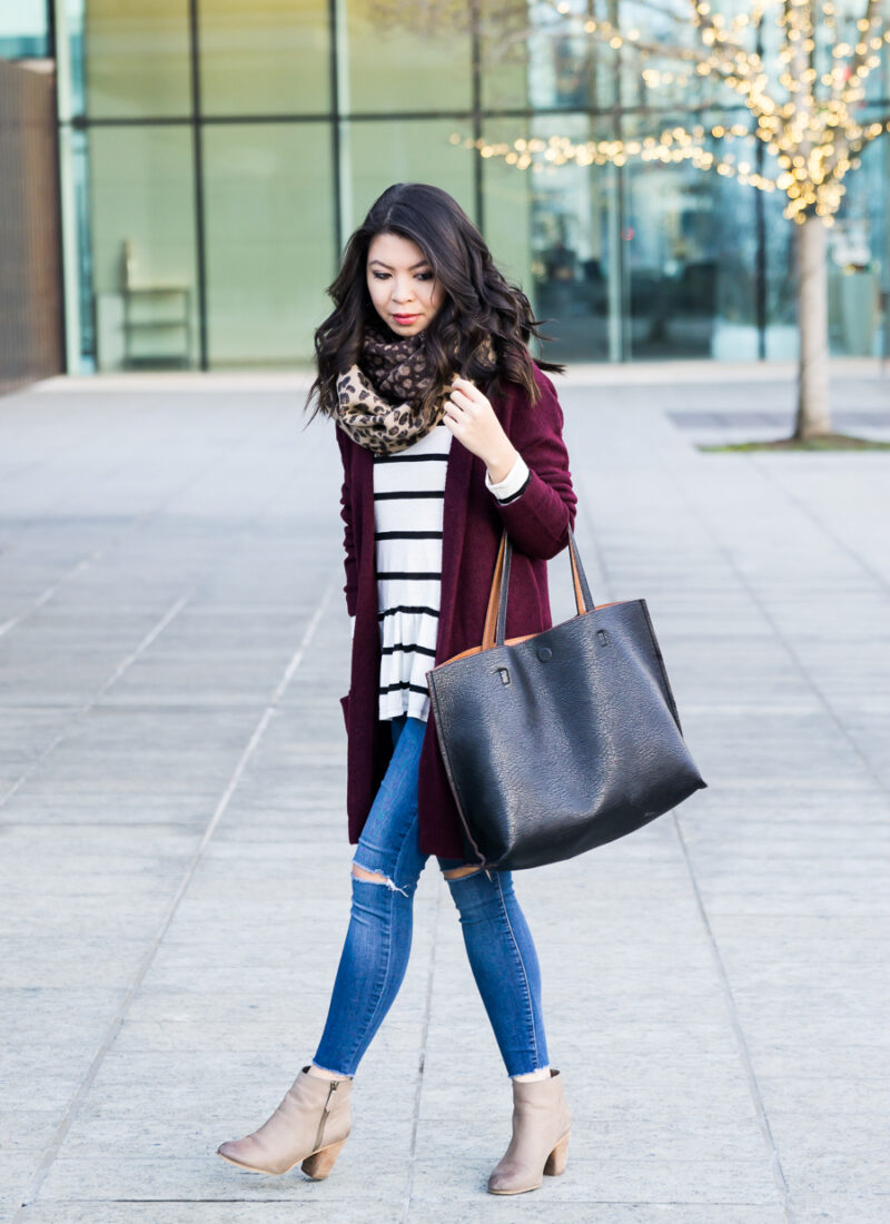 Burgundy cardigan outfit, striped top, leopard scarf, fall outfit, petite fashion blog