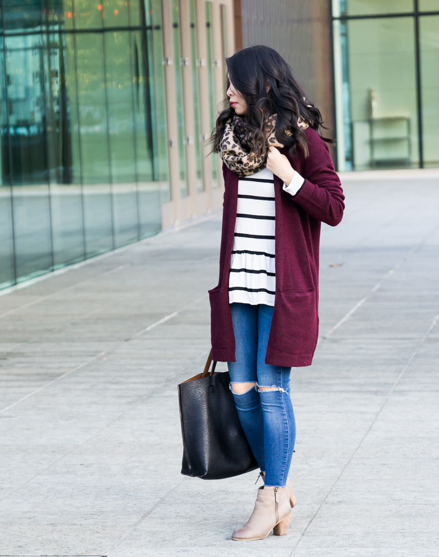 Burgundy cardigan outfit, striped top, leopard scarf, fall outfit, petite  fashion blog | Just A Tina Bit