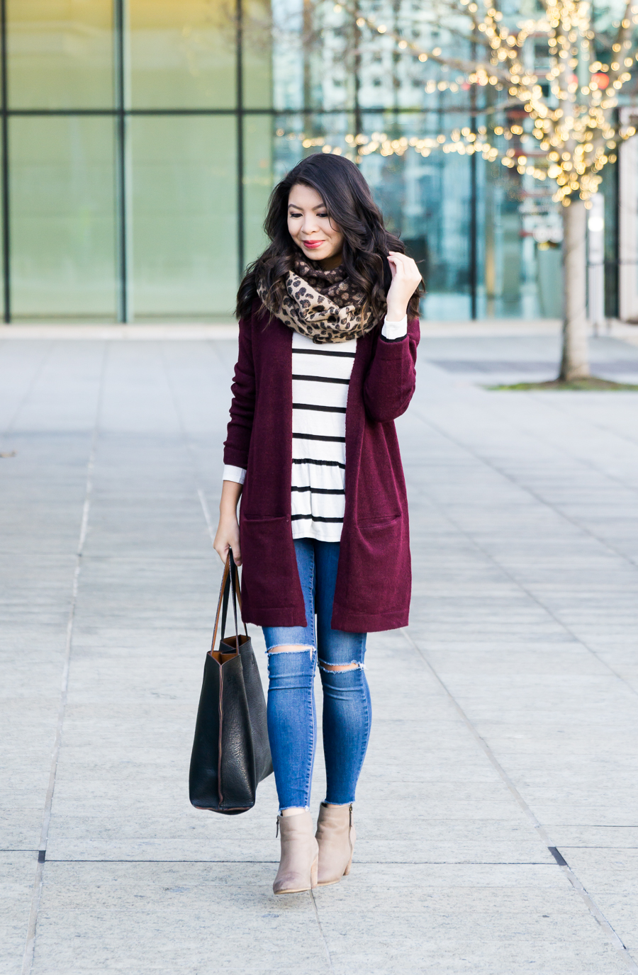 Burgundy cardigan outfit, striped top, leopard scarf, fall outfit, petite fashion blog