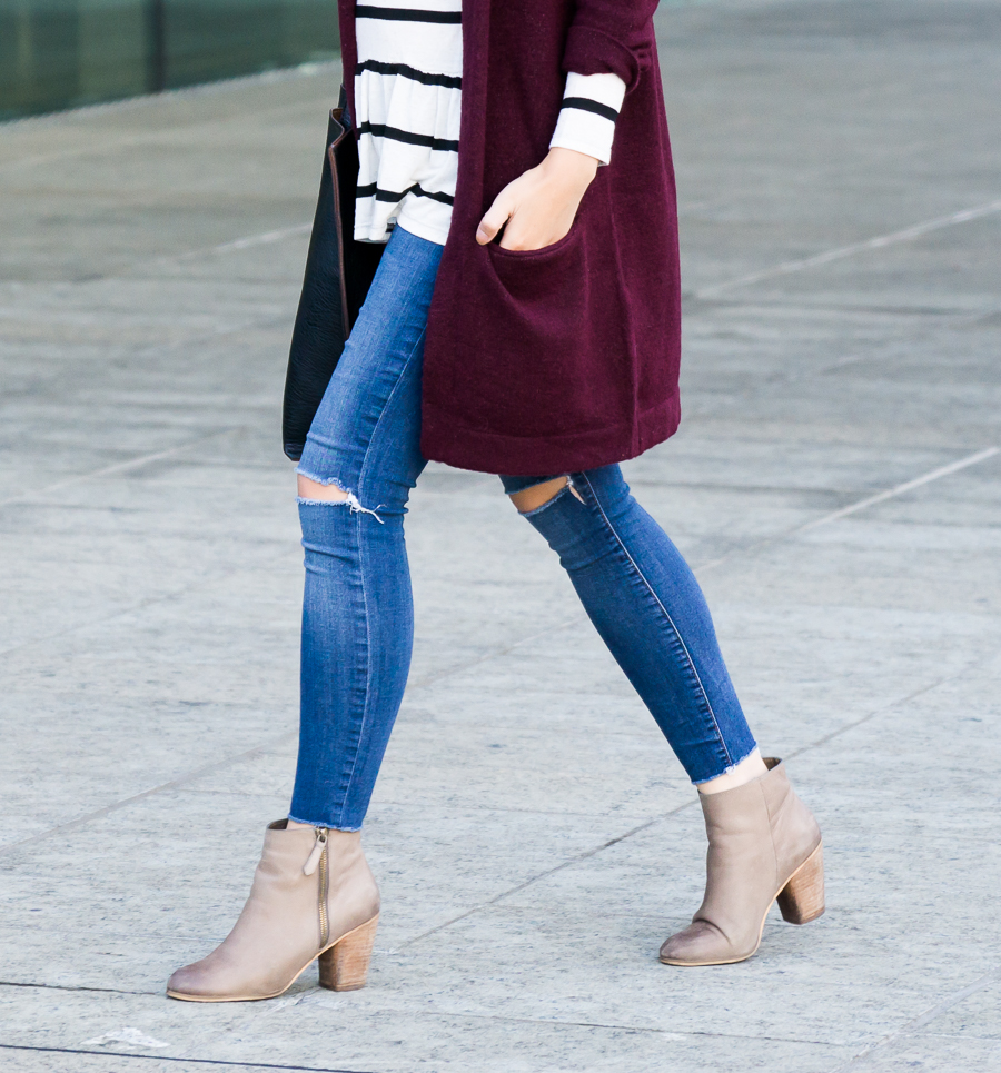 Burgundy cardigan outfit, striped top, Nordstrom BP Trolley booties, fall outfit, petite fashion blog
