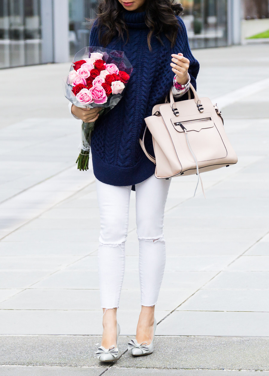 Cable knit sweater poncho outfit, white jeans, bow pumps, petite fashion blog