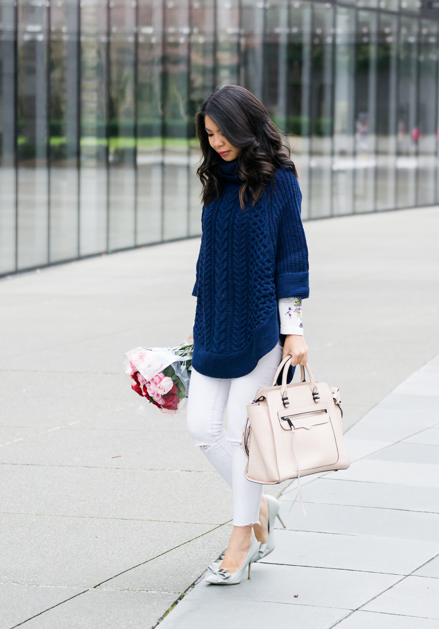 Cable knit sweater poncho outfit, white jeans, bow pumps, petite fashion blog