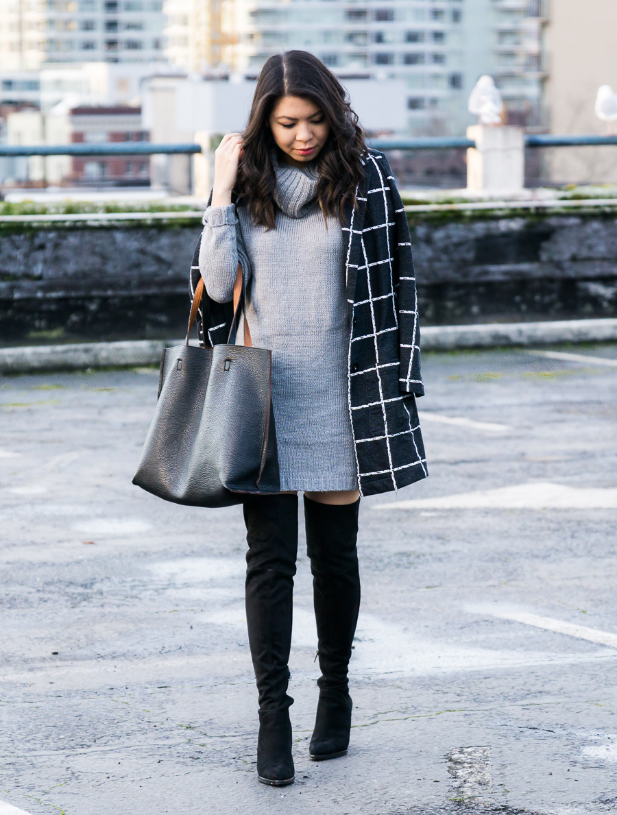 Marc Fisher Alinda Over the Knee Boots Review, Sweater Dress, Windowpane Coat, Winter Outfit, Petite Fashion Blog