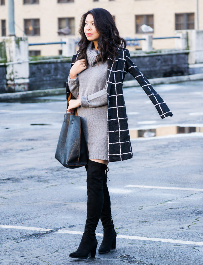 Marc Fisher Alinda Over the Knee Boots Review, Sweater Dress, Windowpane Coat, Winter Outfit, Petite Fashion Blog