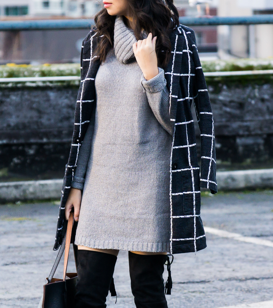 Sweater Dress, Windowpane Coat, Winter Outfit, Petite Fashion Blog
