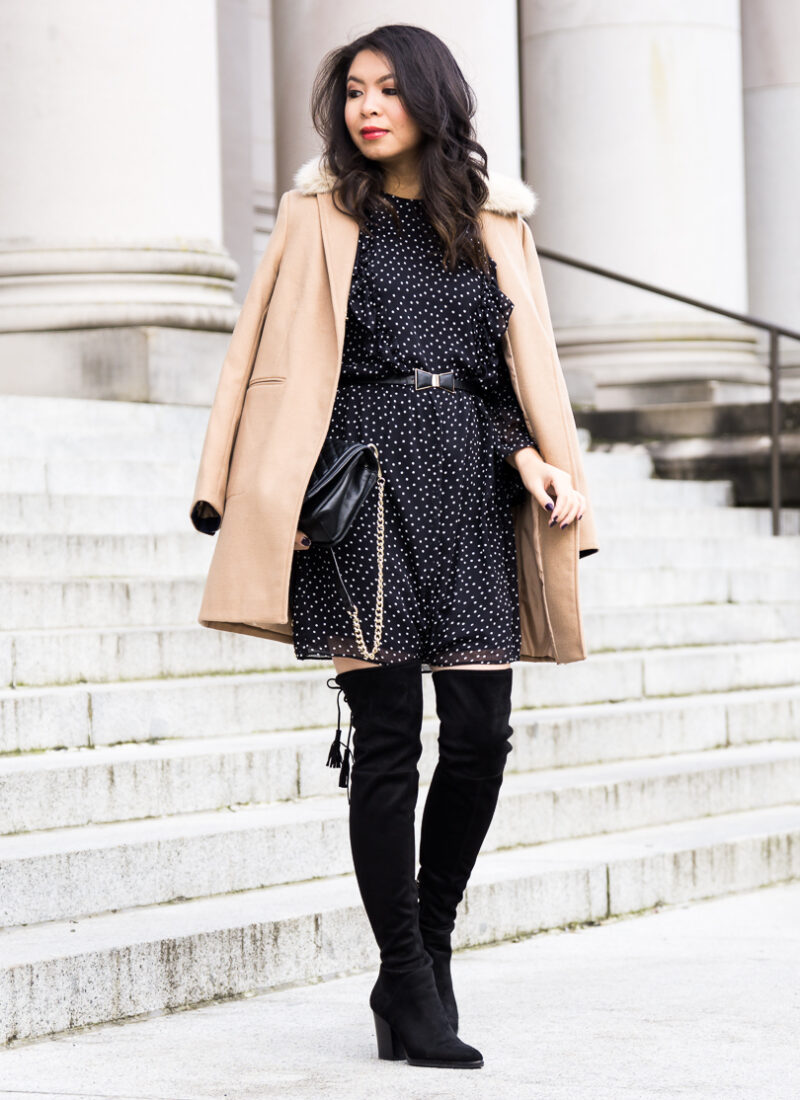 Topshop camel coat, ruffle polka dot dress, Marc Fisher Alinda over the knee boots, winter chic outfit, petite fashion blog