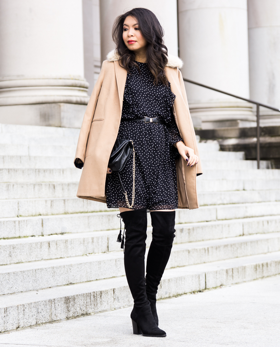 Topshop camel coat, ruffle polka dot dress, Marc Fisher Alinda over the knee boots, winter chic outfit, petite fashion blog